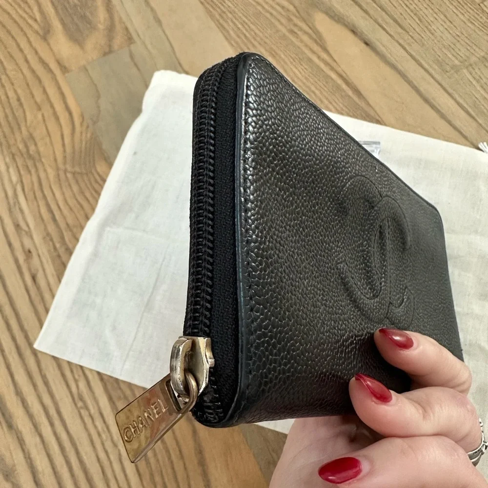 CHANEL Black Caviar Leather Zip Long Wallet